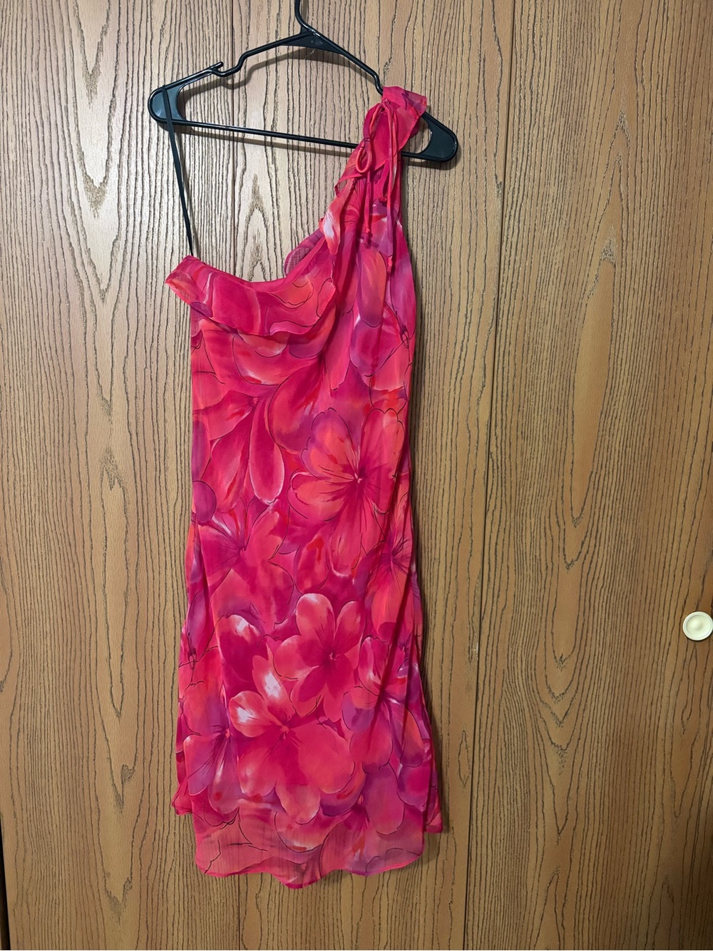 Made in the USA Vintage Y2K Pink Floral One Shoulder Dress with Bow Detailing